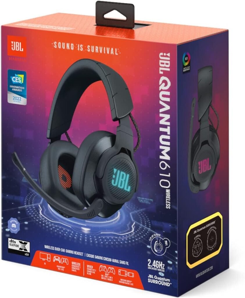 JBL Quantum 610 Wireless 2.4GHz Headset: 40h Battery, 50mm Drivers, PC Gaming and Console Compatible, Black, Medium