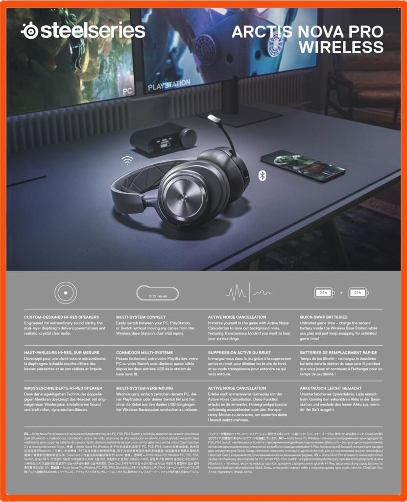 SteelSeries Arctis Nova Pro Wireless Multi-System Gaming Headset - Premium Hi-Fi Drivers - Active Noise Cancellation - Infinity Power System - Stealth Retractable Mic - PC, PS5/PS4, Switch, Mobile