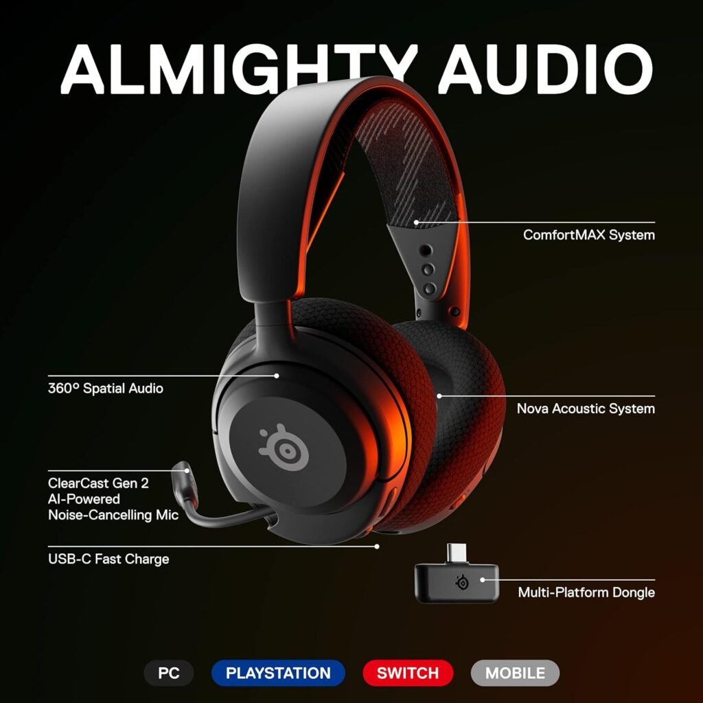 SteelSeries New Arctis Nova 4 Wireless Multi-Platform Gaming Headset — 360° Spatial Audio— 2.4GHz High-Speed Wireless — 36 Hr Battery — USB-C — ClearCast Gen 2 Mic — PC, Playstation, Switch, Meta